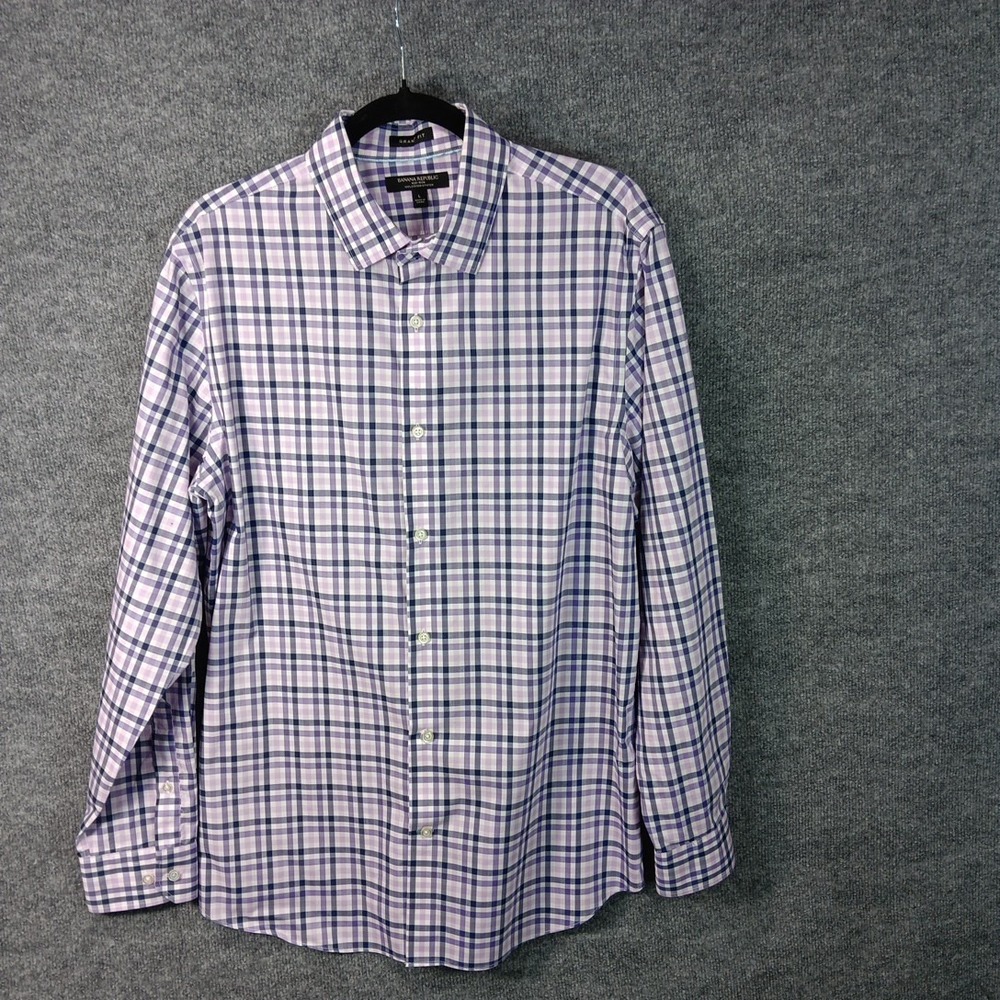 Banana Republic Mens Non Iron Stretch Grant Fit Purple Plaid Button Up Shirt L
